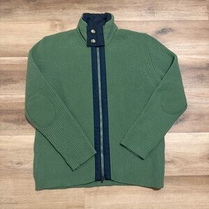 Zegna Sport Mens XL Ribbed Wool Technical Knit Zip Jacket Green Elbow Patches